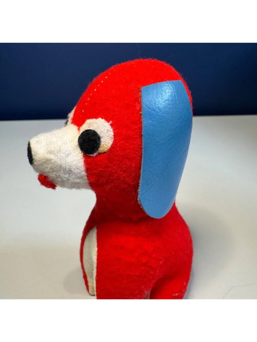 Vintage Red & Blue Felt Dog Plush Toy With Stitched Details And Blue Vinyl Ears
